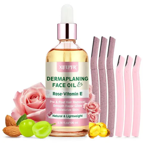 Gentle Dermaplaning Kit, 1 Set Including 1 Count Rose & Vitamin E & 6 Counts Facial Razor Set Solution Face Hair Remover Easy Hair Removal Body Care Skin Care Products for Women, Cosmetic, Gentle Depilatory Solution