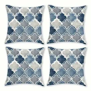 Geometric Blue Pattern Decorative Pillow Covers, 4 Piece Set, Hidden Zipper, Easy to Clean, Bedroom Living Room Sofa Car Home Decoration