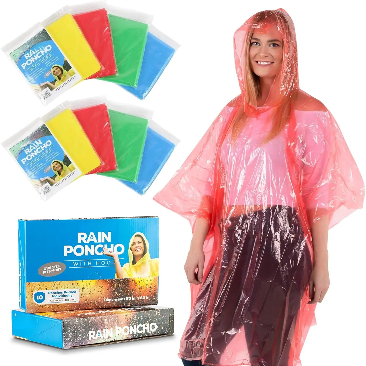 Disposable Eco-Friendly PE Plastic Waterproof Rain Ponchos for Adults - Bulk Individually Packaged, Breathable 1-Size, Ergonomic Design, Pocket, Backpack Companion, Motorcycle Raincoats for Emergency, Great Gift Idea, One Size