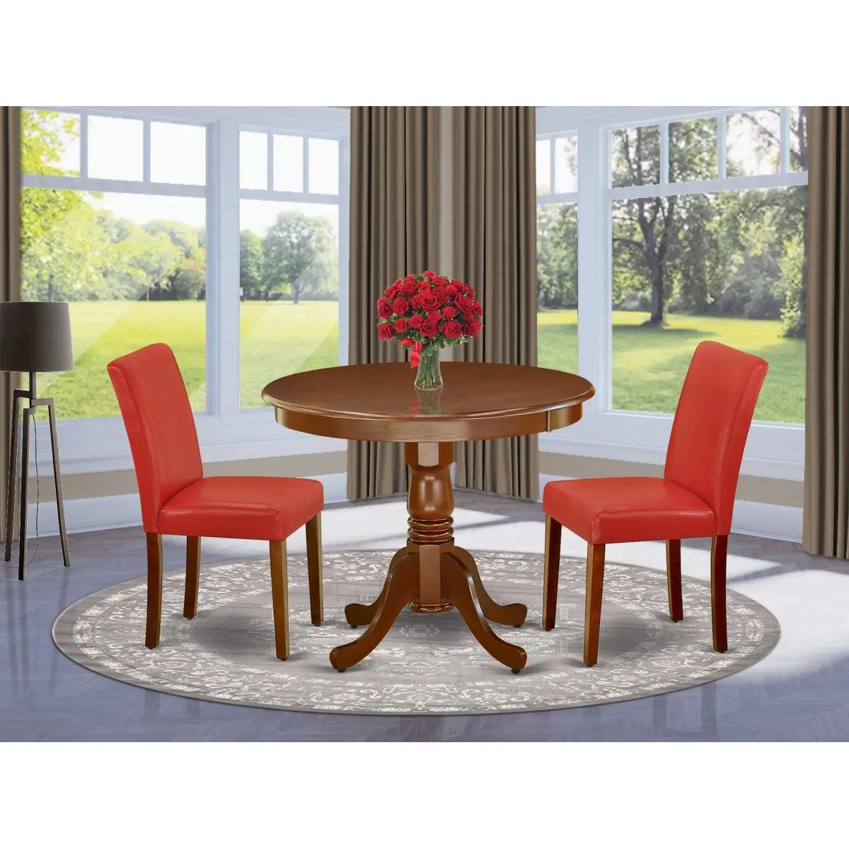 East West Furniture ANAB3-MAH-72 3-Piece Upholstered Dining Set - Space-Saving Antique Round Kitchen Table Set, 36 in. Round Top, Asian Wood Mahogany Legs, 2 PU Leather Firebrick Red Chairs, Kitchen Table Sets