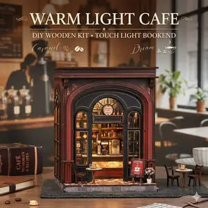Vintage Cafe Book Nook Kit DIY Miniature House, Bookshelf Insert Decor, Wooden Bookend Ornament for Room Decor, Home Decor Accessory