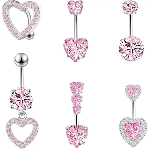 Pink Heart Belly Button Ring Surgical Steel Belly Rings 14G Pink Belly Button Piercing Cute Belly Ring for Women Navel Ring Jewelry
