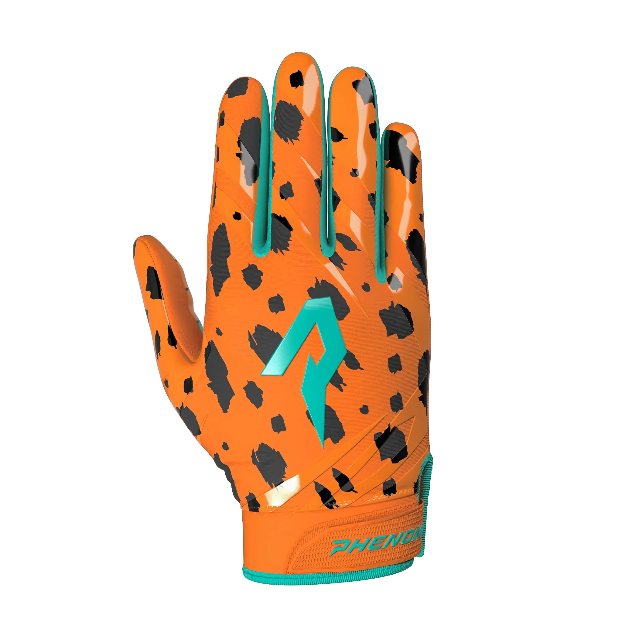 Phenom Elite Flintstones Bedrock Blitz Football Gloves - Men's Multi Sizes, Cheetah Print with Teal Bold Colors, Adjustable Lycra Backhand, Synthetic Leather Secure Silicone Grip, 45-Day Durability Guarantee, Flag Football