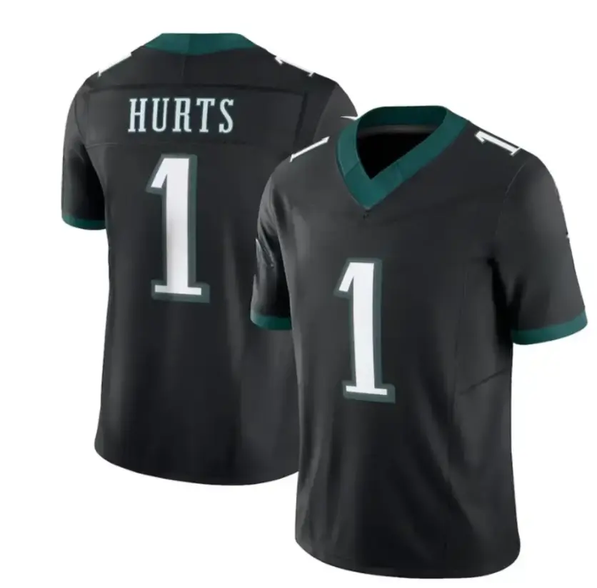 Full Print White/Black Hurts 1 Football Jersey, Men's Breathable V Neck Short Sleeve Athletic Shirt, Team Game Uniform, Sports Fan Apparel, Unisex Gift for Football Fans