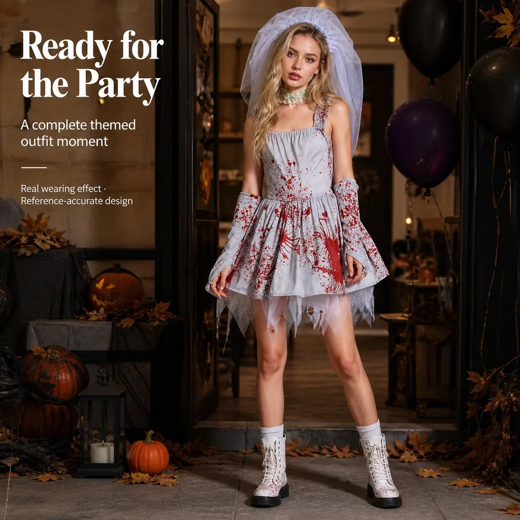 Deluxe Bloody Dead Bride Dress‑Up Costume, Grey Blood‑Stain Print Short Skirt, Spooky Halloween Outfit For Adults & Big Kids