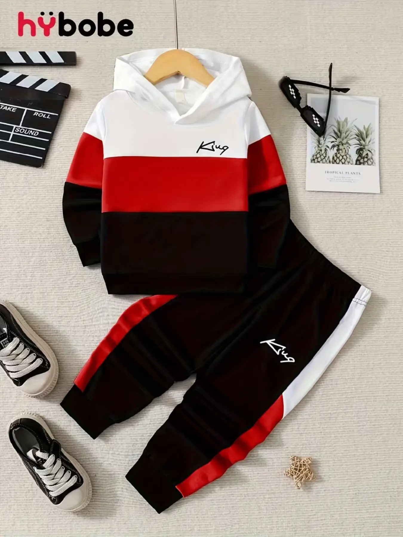Boys' Spring & Fall Colorblock Hooded Set, Letter Print Casual Two-Piece, Fitted Style Without Button or Zipper, Go Out Sets