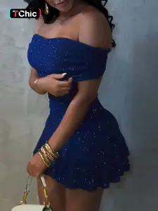 Deep Blue Glitter Silver Color One Shoulder Ruched Short Dress, Elegant Party Gown with Pleated Hem, Perfect for Special Occasions