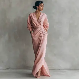 2026 New Elegant Solid Color V Neck Long Sleeve Slit Waist Pocket Midi Dress For Women Chic European And American Style Party Casual Bodycon Maxi Dress With Side Slits, Girls' gifts