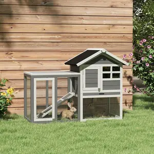 49" Weatherproof Wooden Rabbit Hutch with Slanted Asphalt Roof & Fun Outdoor Run for Bunnies & Ferrets - Grey Durable Fir Wood & Composite Roof Easy Lockable Door Pull-Out Tray for Cleaning