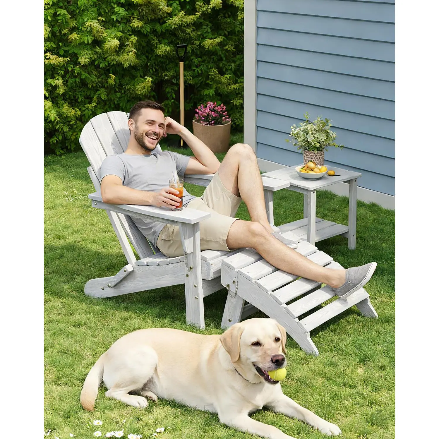 HDPE Folding Adirondack Chair and Ottoman Set with Cup Holder, All-Weather Collapsible Lawn Chair for Deck Garden Backyard, White
