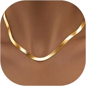 Women's 14K Gold-Silver Plated Herringbone Necklace, Dainty Snake Chain Choker, Non Tarnish Gold Necklace Women, Thin & Chunky 3/4/5/8mm Options, 14-26 Inch Long Layered Jewelry, Non Tarnish Jewelry