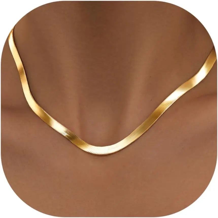 Women's 14K Gold-Silver Plated Herringbone Necklace - Dainty Snake Chain Choker, Thin/Chunky 3/4/5/8mm Options, 14-26in Layered Jewelry, Non Tarnish Jewelry