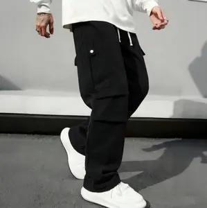 Men's Spring Corduroy Casual Trousers, Large Pocket Paratrooper Style Loose Straight Leg Pants with Adjustable Drawstring Waistband