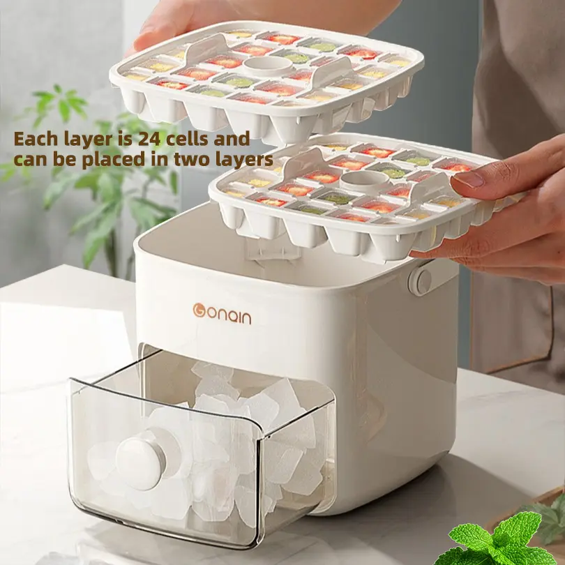 Gonain White Large Capacity Dual Layer Ice Maker Machine with Easy Press Lid Design Food Grade Plastic Tray for Whiskey Cocktails 24 Cells per Layer Stackable Odor Isolation