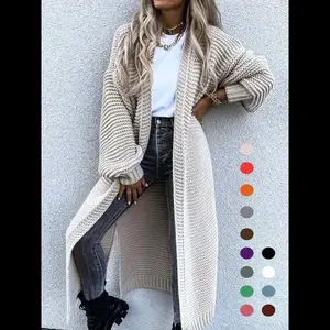 Women's Solid Split Hem Bishop Sleeve Open Front Longline Cardigan, Long Sleeve Knitwear for Fall & Winter, Knit Clothing for Daily Wear, Womenswear(Sheets)