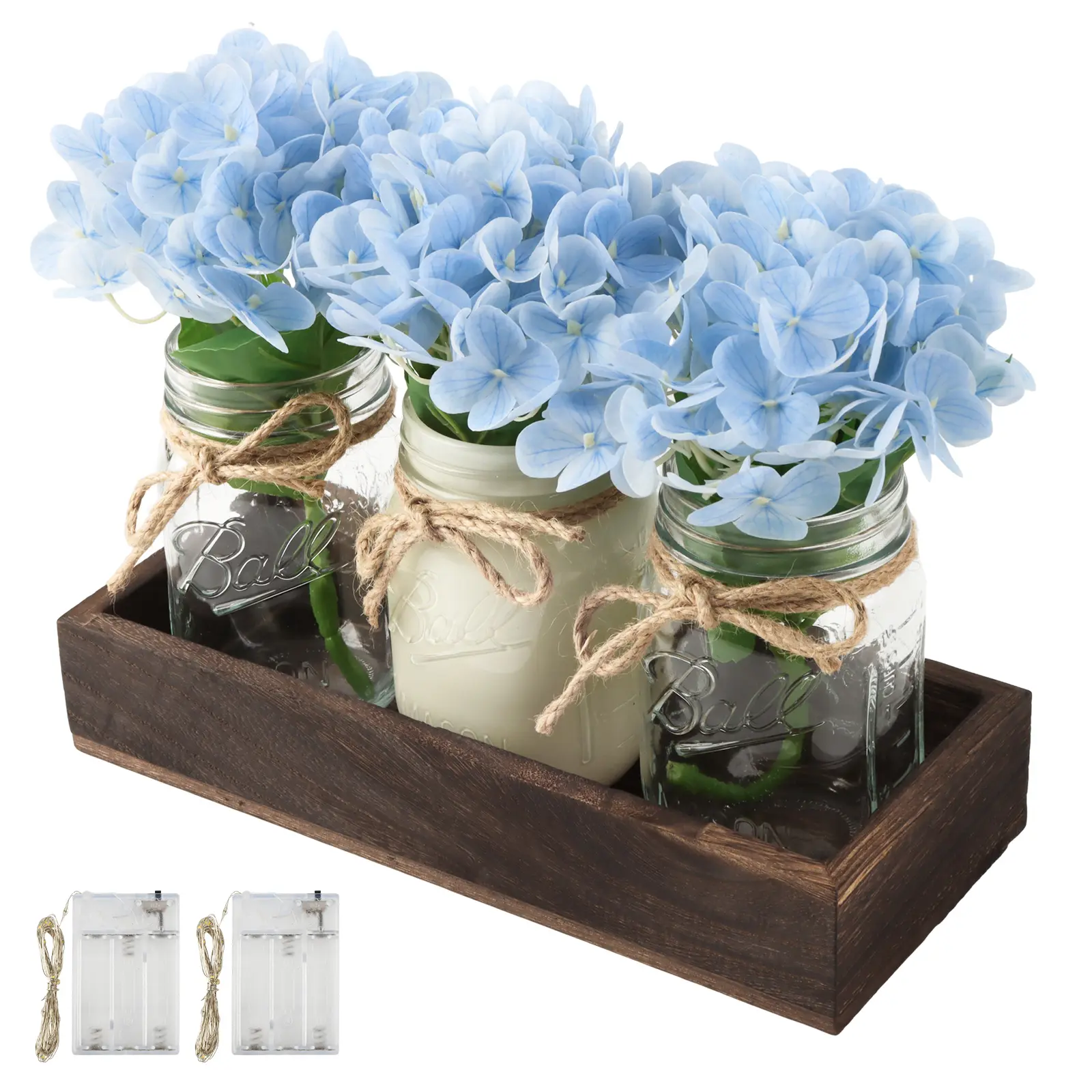 3 Pcs Mason Jar Centerpiece Table Decorations for Dining Farmhouse Coffee Table Decor with Wood Tray and Led Light Table Centerpieces for Dining room Kitchen Living Bathroom