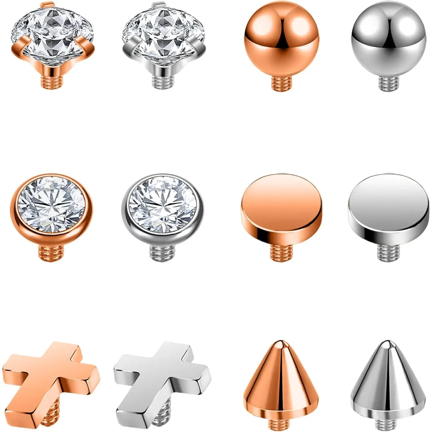 12Pcs-CZ Tops Style-Silver/Rose Gold-3mm