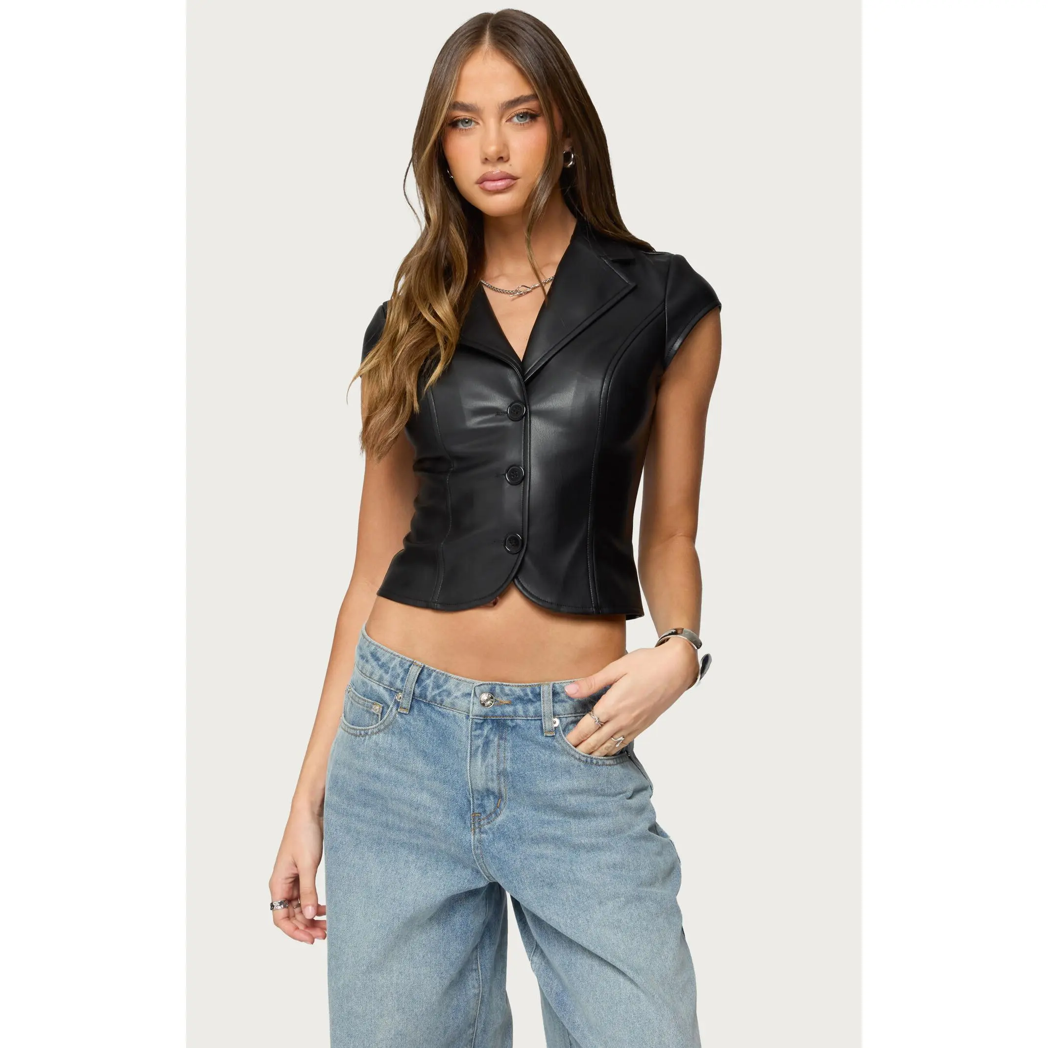 Edikted Women's Faux Leather Tailored Button Up Top