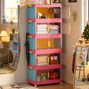 124QT / 156QT Large Capacity Foldable Storage Cabinet (with Magnetic Door and Wheels) — Height: 40" / 50", stackable plastic storage rack with 4/5 tiers, suitable for bedroom, kitchen, bathroom, and wardrobe