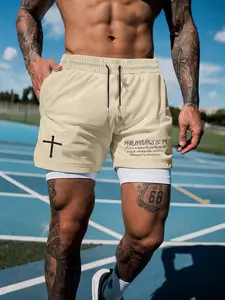 Men's Regular Fit Letter & Cross Print 2-in-1 Waist Shorts, Casual Comfy Breathable Tropical Pocket Shorts for Summer, Fashion Men's Bottoms for Daily Wear, Menswear