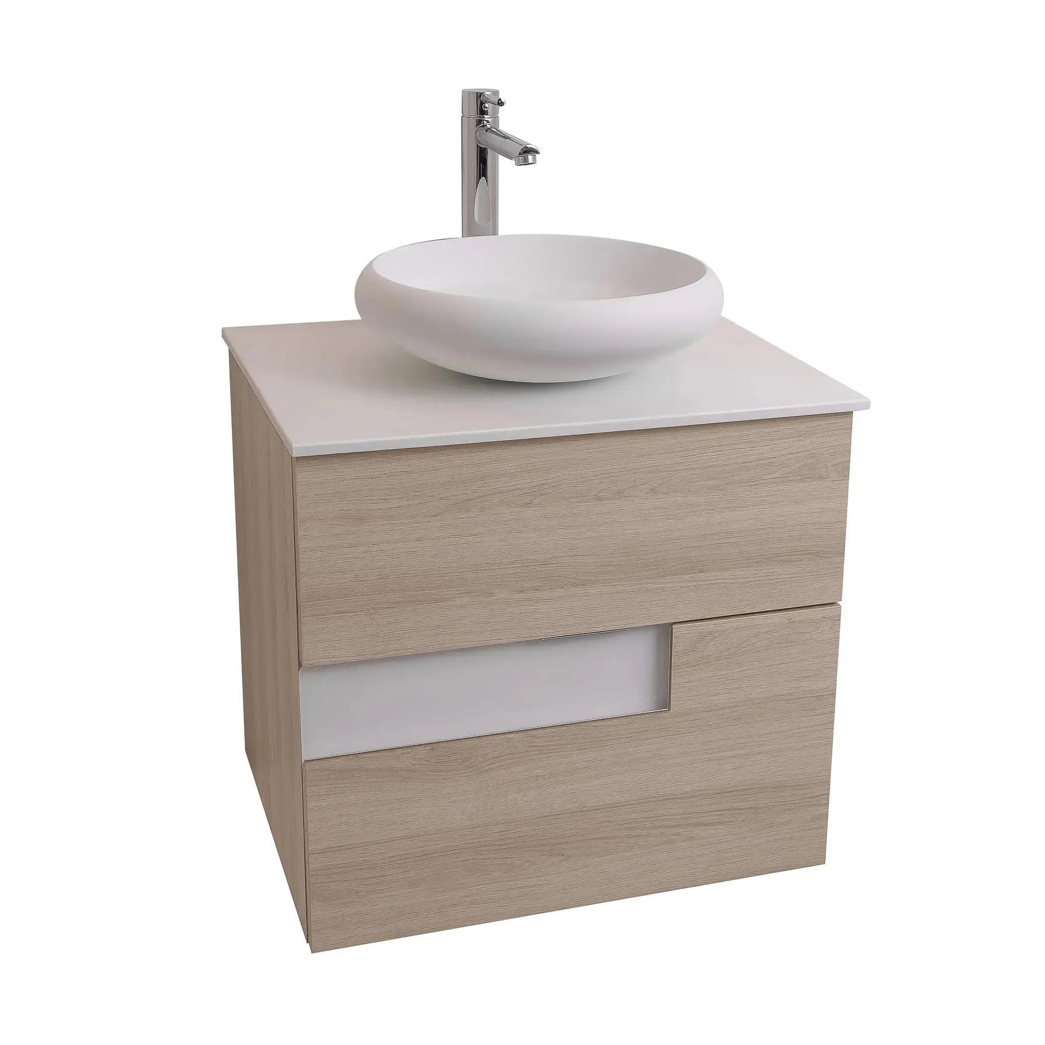 Vision 23.5 Natural Light Wood Cabinet, Solid Surface Flat White Counter And Round Solid Surface White Basin 1153, Wall Mounted Modern Vanity Set