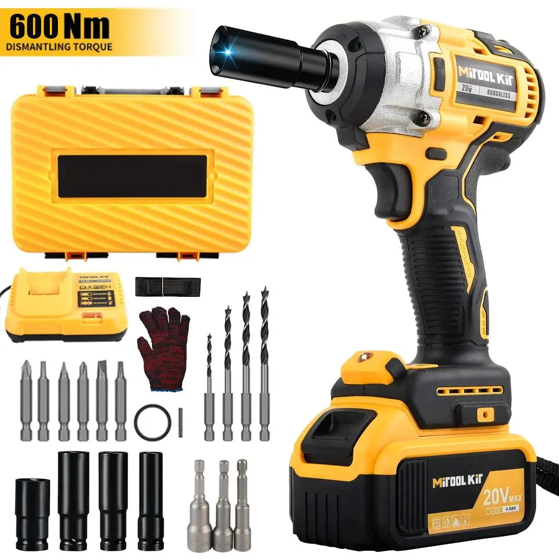 Heavy Duty Cordless Impact Wrench, 1/2'' Square Drive Compact Tool with Durable Brushless Motor, 600Nm Torque, Adjustable Speed Control, 4.0Ah Battery & Charger Included