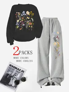 Women's Floral Pullover Sweatshirt & Warm Pants Set, Fashion Vintage Camping Party, Perfect Gift for Friends and Mom