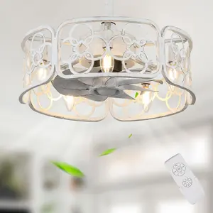 18" Small Size Vintage Style Distressed White Metal Caged Reversible Ceiling Fan with Remote and 5 Lights, 3 Speeds Fan with Lights for All Seasons
