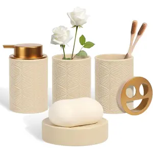 4-Piece Ceramic Bathroom Accessories Set - Includes Lotion Soap Dispenser, Toothbrush Holder, Vanity Tray, Tumbler, Beige Modern Bathroom Decor Organizer