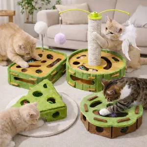 Eco-Friendly Cat Scratcher Toy with Interactive Balls Kitten Lounge Furniture Protector Multipurpose Cats Play Board for Playing Clawing Square Design Green & Yellow Felt Sisal Material Compact  Ideal for Indoor Cats