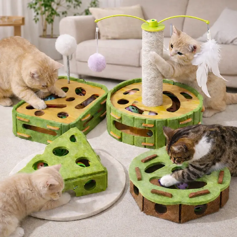Cat Scratcher Eco-Friendly Square Cat Scratching Play Board, Interactive Ball Toy, Green & Yellow Felt Sisal Material, Compact Furniture Protector, Indoor Kitten Lounge for Clawing & Playing, Non-Toxic Interactive Toys, 30Cm X 30Cm X 30Cm