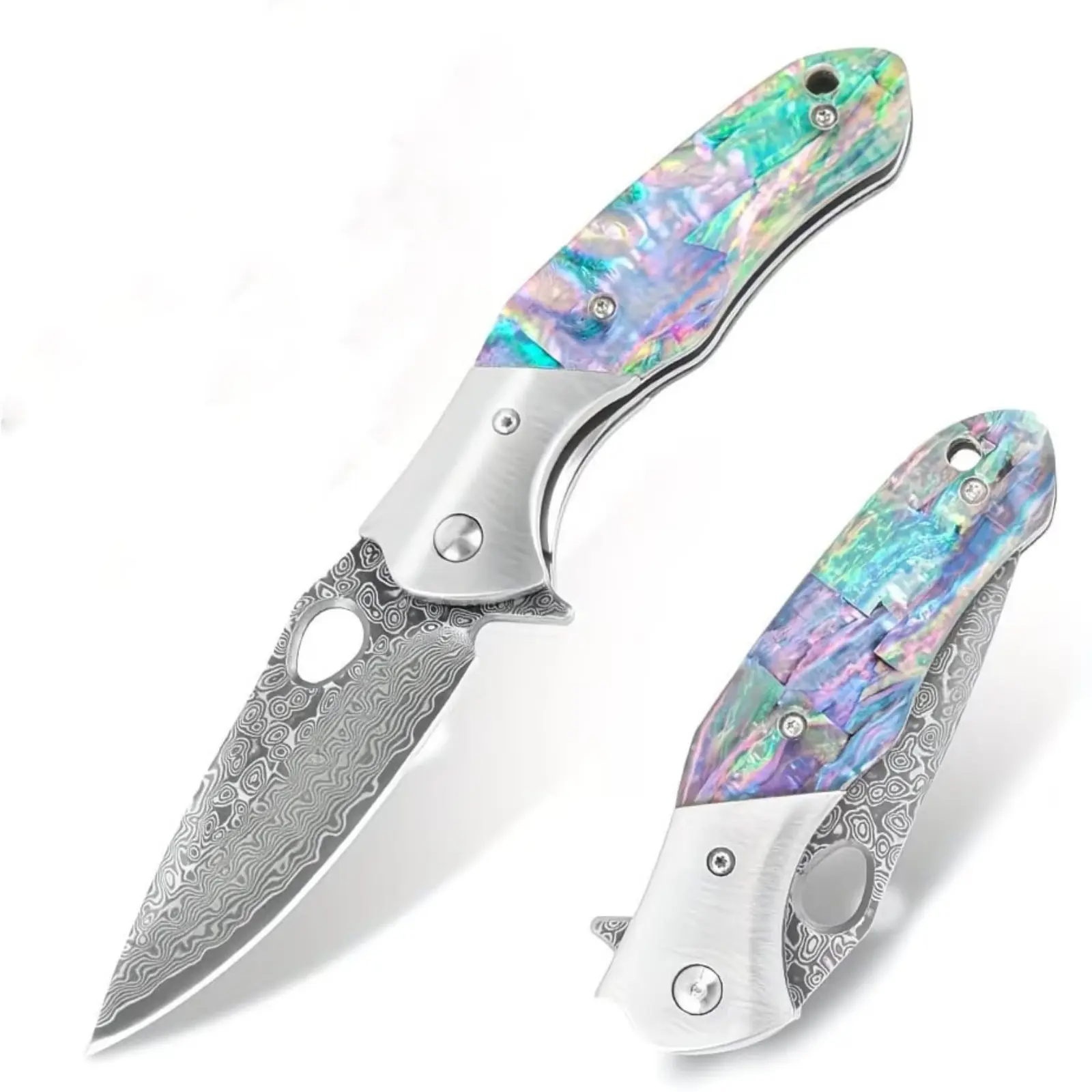 Portable Damascus Steel Pocket Paring Knife with Iridescent Abalone Handle, Sharp Forged Blade, Multi-Purpose Kitchen Fruit Peeling and Cutting Knife for Home Cooking