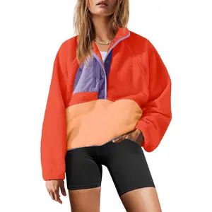 Womens Fuzzy Fleece Pullover Sherpa Sweatshirt Long Sleeve Button Down Sweater Winter Fleece Jacket with Pockets