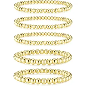 CASSIECA Women's 5-Piece 14 Karat Gold Plated Stretch Beaded Bracelets, Stackable Gold Bead Ball Jewelry, Adjustable Daily Wear Bracelets for Women, Trendy Summer Gifts