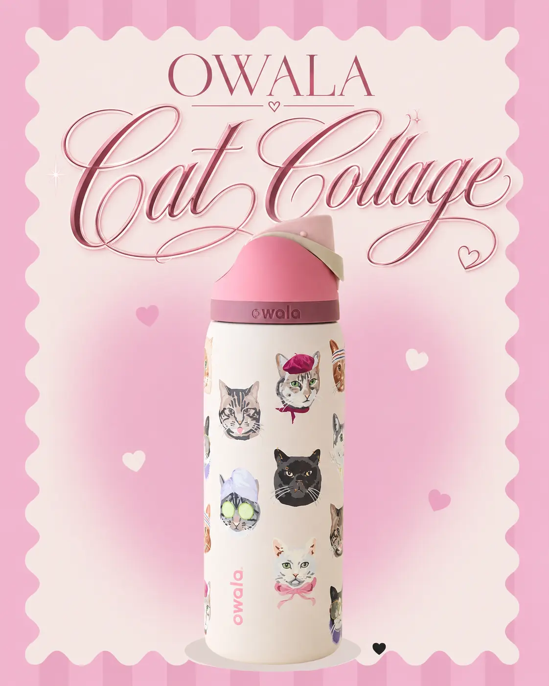 Owala Pink Cat Collage 32oz Insulated Water Bottle with Adorable Cat Designs and Pink Lid for Hydration