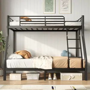 Full-size metal bunk bed with safety ladder and guardrails. Heavy-duty double bed frame, suitable for adult dormitories, bedrooms, guest rooms, and apartments. Space-saving design (black, full-size).