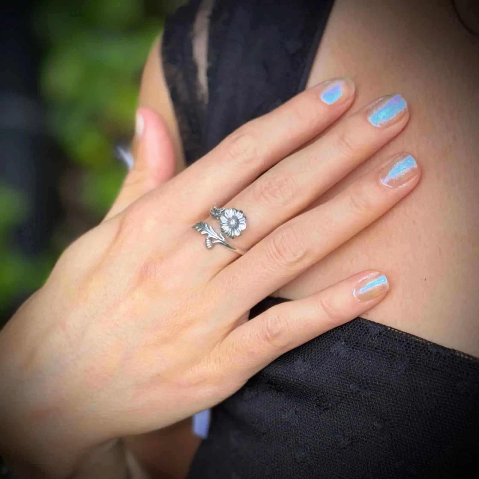 Sterling Silver Birth Flower Ring – Adjustable Botanical Ring for Every Month