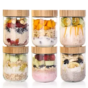 Glass Jars with Airtight Lids, 16oz Overnight Oats Containers with Bamboo Lids, 6 Pack Wide Mouth Mason Salad Jars, Glass Food Storage Containers for Spice Sugar Snacks Yogurt