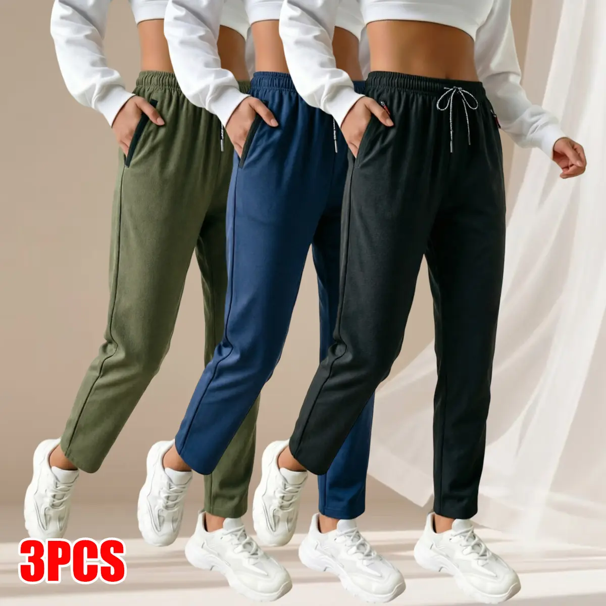 Outdoor 3-pack women’s straight-leg athletic pants, foldable and lightweight polyester material that saves space in luggage.Convenient zippered pockets and a variety of color options, perfect for weekend outings and seasonal travel.