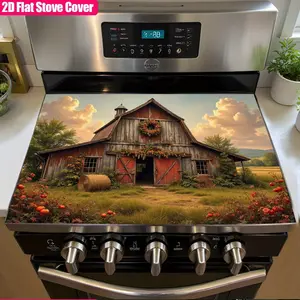 1pc, 2D/Flat Stove Top Cover Designed for Electric Stoves, Featuring a Rustic Barn Theme Adorned with Wreaths And Flowers, Suitable As a Replacement Part for Cooktops, And Can Also Be Used As Coasters, Trivets, And Other Kitchen Additions