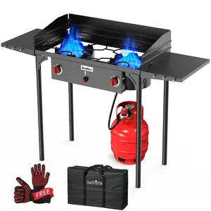 Bestfire 150,000 BTU Propane Stove with Windpanel, 2 Burner Camping Gas Stove with Removable Legs & Side Shelves, Bag, Auto Ignition, Perfect for Outdoor Cooking & BBQs
