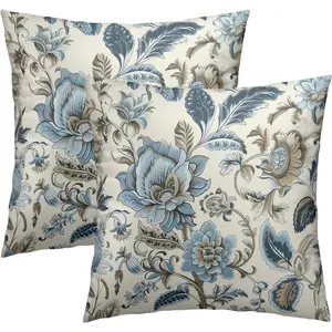 Kawani Blue Flowers Chinoiserie Throw Pillow Cover 18x18 Inch Pack of 2 Vintage Farmhouse Floral Cushion Pillow Case Square Pillowcase for Spring/Summer Party Bed Sofa Home Car Bedroom Outdoor