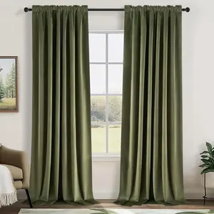 Olive Green Velvet Blackout Curtains 108 Inches Long for Living Room Large Window, Soundproof Thermal Luxury Pleated Cold Blocking Boho Dark Green Curtains for Living Room 2 Panels,9 FT