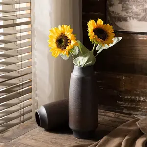 Tall Rustic Textured Ceramic Vase – 35cm, Handcrafted Vintage Brown-Black Finish