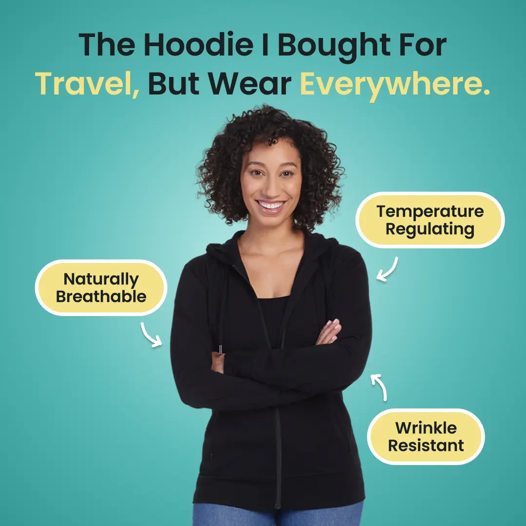 Woolx Ryann Merino Wool Hoodie – Lightweight Zip Up Women's Travel Hoodie Odor Resistant Moisture Wicking Wrinkle Free Packable All Season