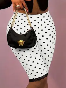 Millennial Style Polka Dot Lace Patchwork Pants, Slim Fit Stretch Sporty Mid-Length Pants, Trendy Girl Fashion