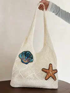 Women's Starfish & Shell Decor Handmade Tote Bag, Casual Large Capacity Shoulder Bag for Beach Vacation, Trendy All-match Bag for Daily Use