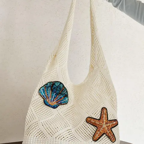 Women's Starfish & Shell Decor, Casual Large Capacity Shoulder Bag for Beach Vacation, Trendy All-match Bag for Daily Use, Fall Winter Bags, Shoulder Tote