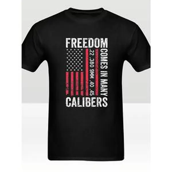 Freedom Comes In Many Calibers Distressed Vertical US Flag Gun Rights T-Shirt, Patriotic 2nd Amendment Men’s Black Tee
