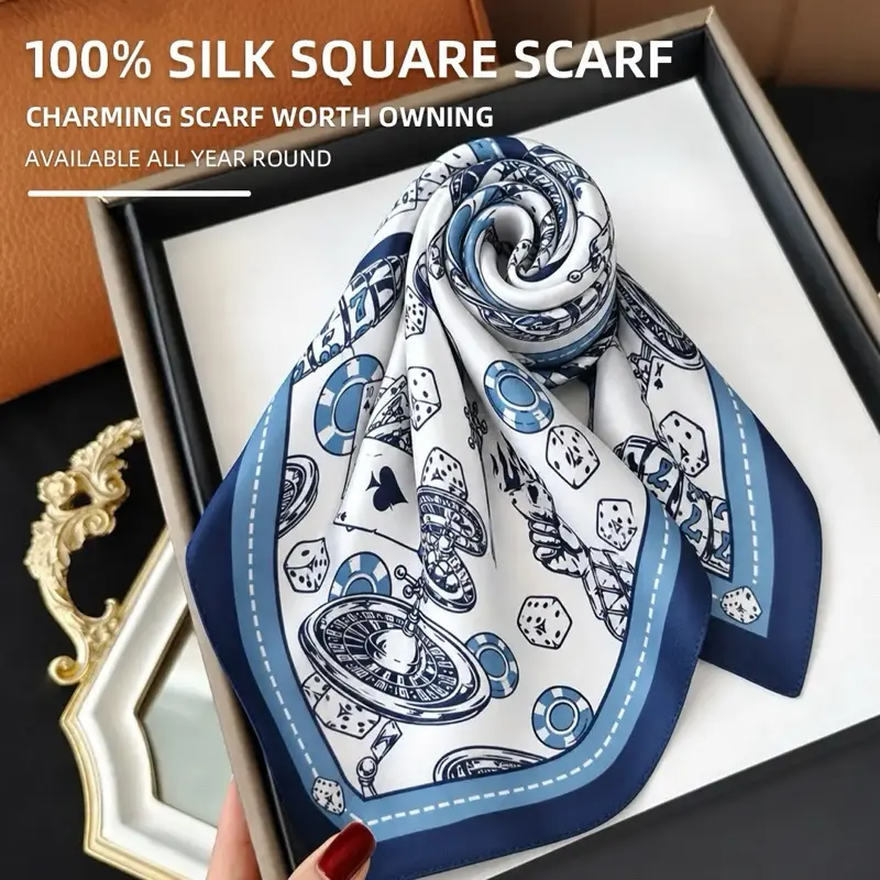 Hepburn's Choice 100% 16 Momme Mulberry Silk Vintage Casino Print Scarf - Unique Blue & White Square Neckerchief